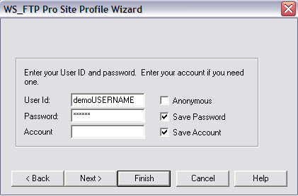 Type in your user name and password. Click Finish.